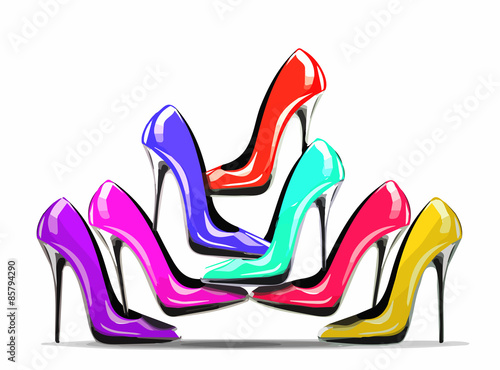 Pile of colorful  high heel shoes in the shop, isolated on white background, concept for shopping and fashion sale.Vector eps10