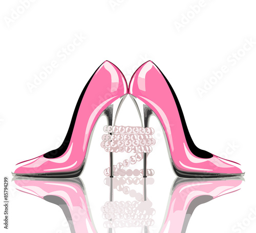 Elegant pink, high heel shoes with pearl jewelry. Shoes, symbol for wedding and engagement. Vector eps10.