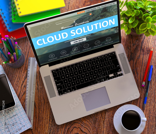 Cloud Solution Concept on Modern Laptop Screen.