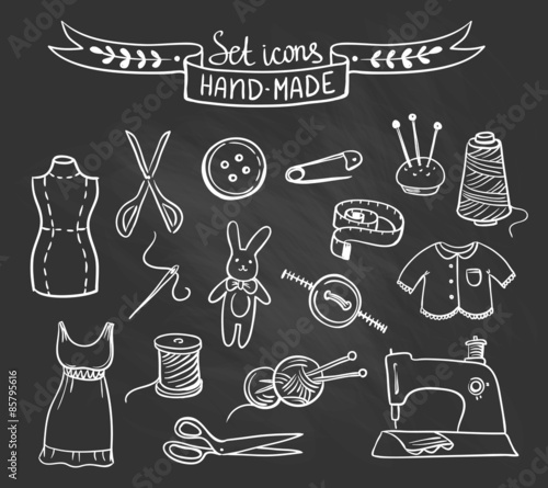 Set of vintage retro knitting icons and logo elements