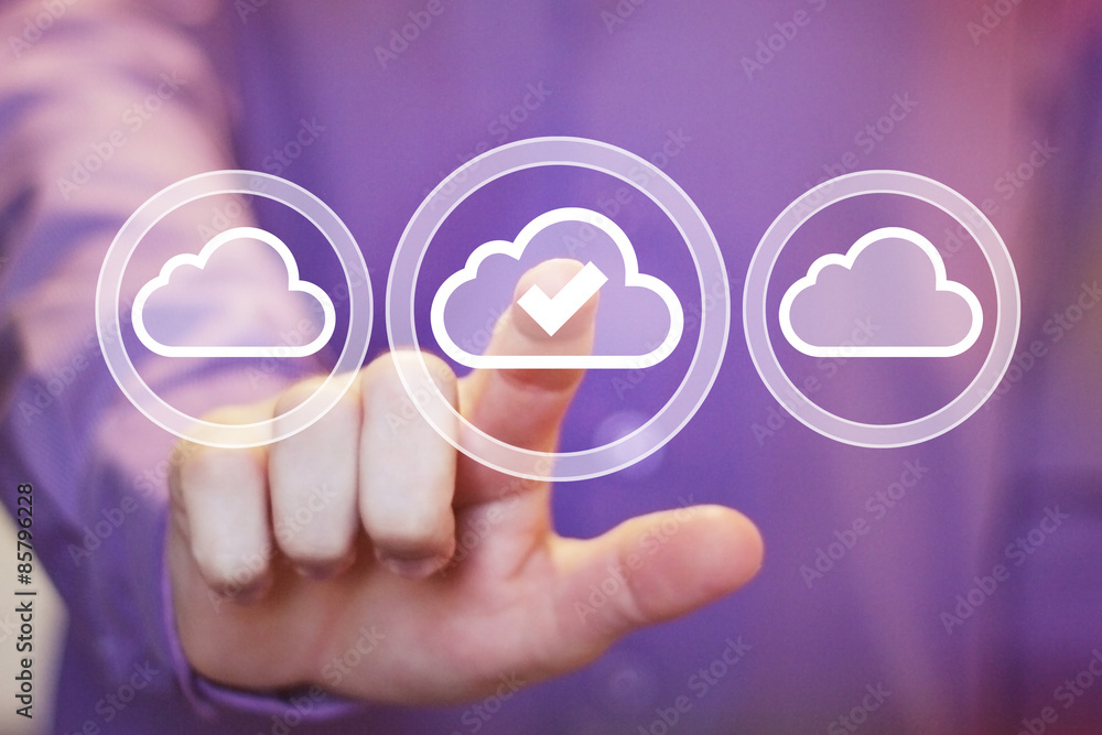 Businessman pushing button icon cloud web symbol Businessman pushing button icon cloud web symbol