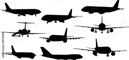 nine airplanes silhouettes isolated on white