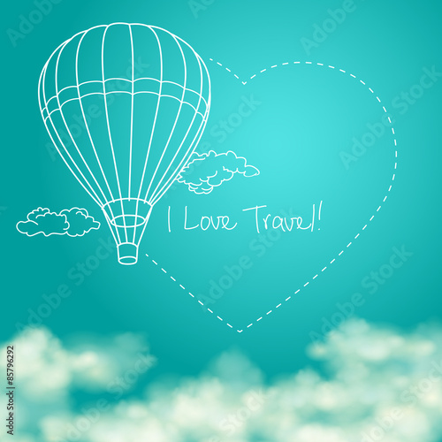 Balloon flying in the sunny blue sky leaving behind a heart shaped smoke trail