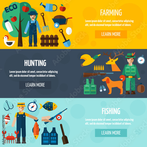 Fisherman Hunting And Farmer Banner Set