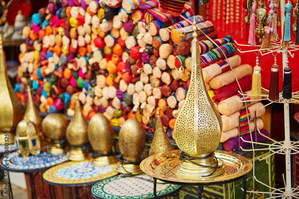 Selection of traditional lamps on Moroccan market