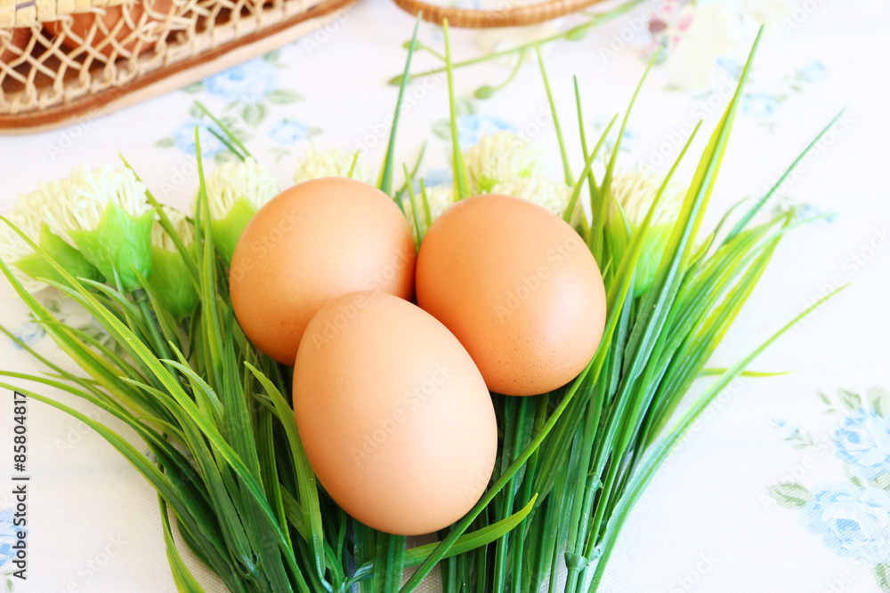 Eggs in the basket on wallpaper background Eggs in the basket on wallpaper background