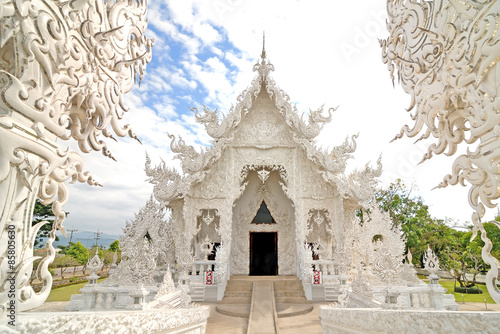 Beautiful architecture white temple in Chiangrai Thailand photo