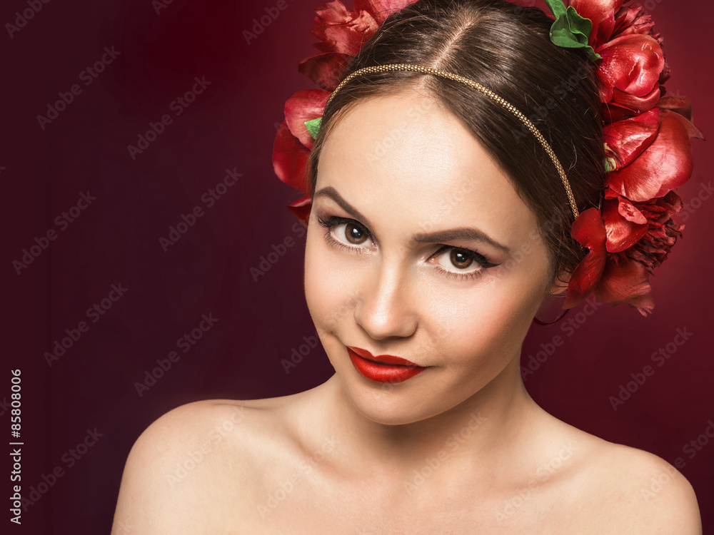 Portrait of glamorous brunette girl over dark background with bu