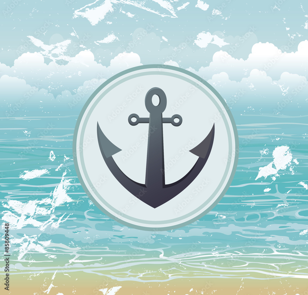 Naklejka premium Label of anchor and sea. Ocean vector.