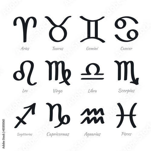 Zodiac icons. Set of vector zodiac signs with latin names