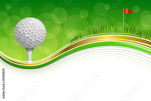 Background abstract golf sport green grass red flag white ball frame gold