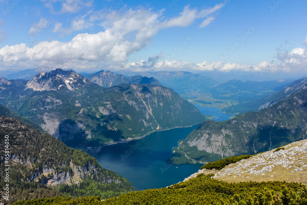 Beautiful landscape of mountains and lake on summertime in Austria, Europe.