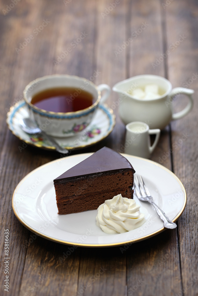 homemade , Austrian chocolate cake and tea homemade , Austrian chocolate cake and tea