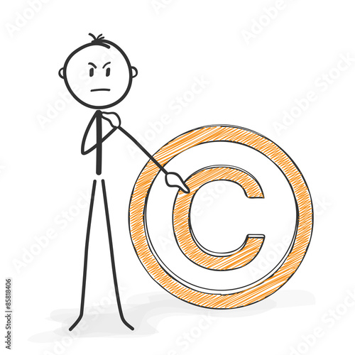 Strichmännchen mit Copyright Symbol - Urheberrecht, Urheber, Recht, Gesetz, Eigentum, Schutz, ernster Gesichtsausdruck,  legal, law, property, protection, serious facial expression, StickMan, online