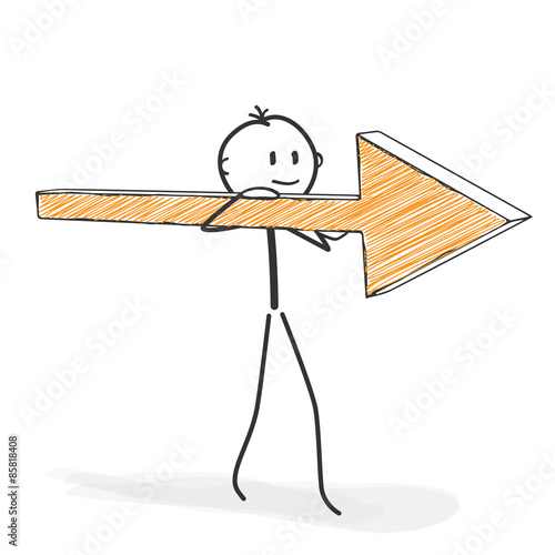 Strichmännchen trägt einen Pfeil und zeigt die Richtung - Weg, zeigen, Wegweiser, Zukunft, Richtungswechsel, Navigation, Kompass, Stick figure, arrow, showing the direction, way, future, compass