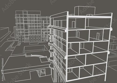 Architectural linear sketch multistory apartment building. Sectional drawing on gray background