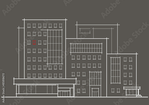 Linear architectural sketch of multistory building with red window front view on gray background
