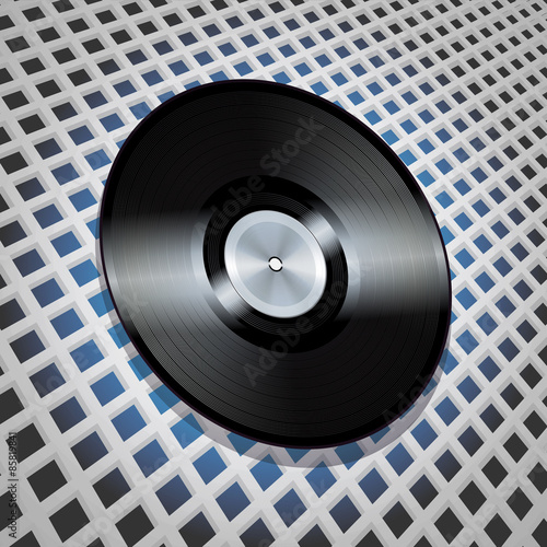 vinyl record with metallic centre on lattice pattern background