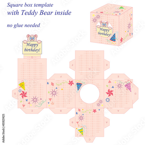 Interesting box with cute Teddy Bear inside, holding note Happy birthday. no glue needed.