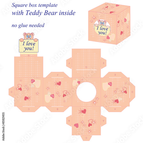 Interesting box template with cute Teddy Bear inside, holding note I love you. no glue needed