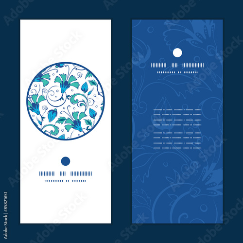 Vector blue green swirly flowers vertical round frame pattern