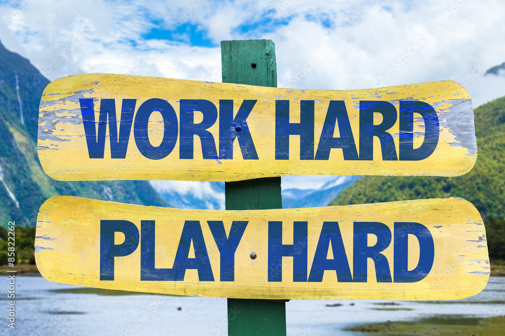 Work Hard Play Hard sign with mountains background Work Hard Play Hard sign with mountains background