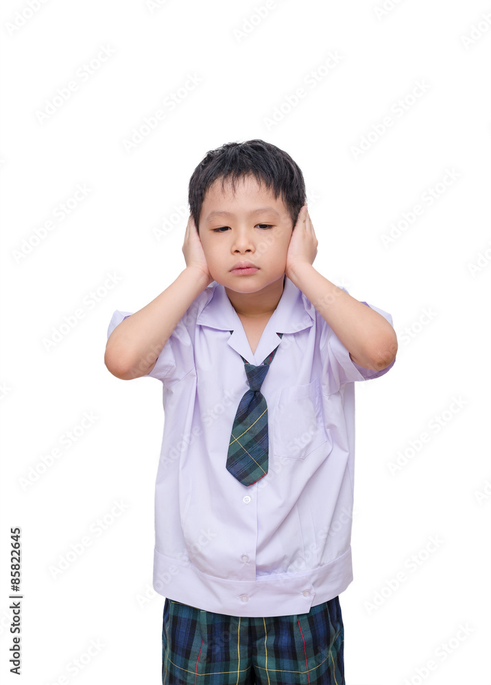 Asian student in uniform covering his ears isolated on white ba Asian student in uniform covering his ears isolated on white ba
