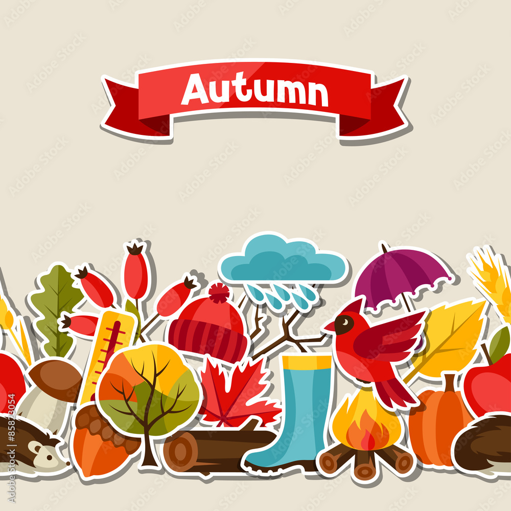 Seamless pattern with autumn sticker icons and objects