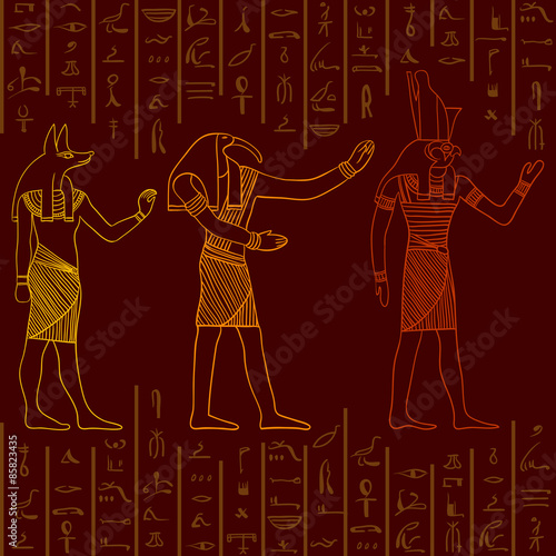Vintage seamless pattern with egyptian gods on the grunge background with silhouettes of the ancient egyptian hieroglyphs. Retro hand drawn vector illustration