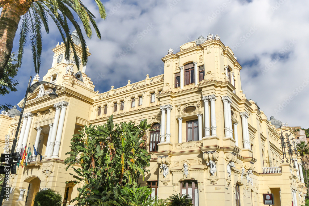 Facade of City Council on 22 October, 2014 in Malaga, Spain. This building, built on 1919, is listed since 2010 as part of Heritage of Cultural Interest in Spain