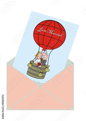 Just Married, wedding card, newlyweds in a hot air balloon, bride and groom, vector illustration