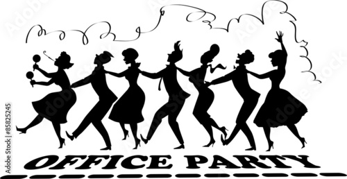 Black vector silhouette of group of people dressed in late 1950s fashion dancing conga line, no white objects, office party lettering at the bottom, streamer on top, EPS 8