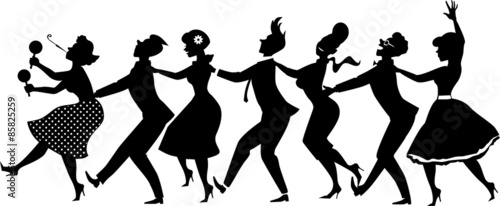 Black vector silhouette of group of people dressed in late 1950s early 1960s fashion dancing conga line, no white objects, EPS 8 photo