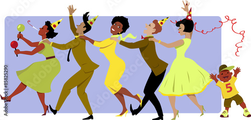 Group of people in party hats, dressed in late 1950s early 1960s fashion dancing conga with maracas, little boy throwing a streamer, vector illustration, no transparencies, EPS 8