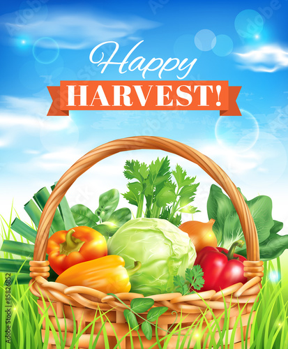 Happy harvest poster design. Vector illustration.