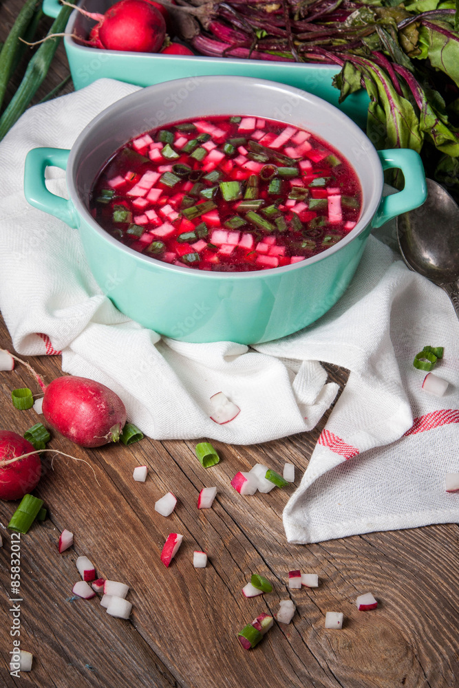 Beetroot soup with chives and radishes