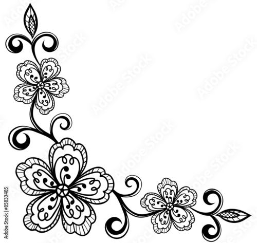 corner ornamental lace flowers. black and white