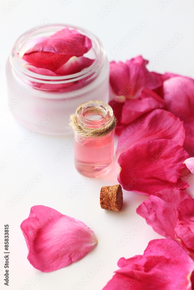 aromatherapy bottle pink fluid plant water essence rose petals extract cream jar aromatherapy bottle pink fluid plant water essence rose petals extract cream jar