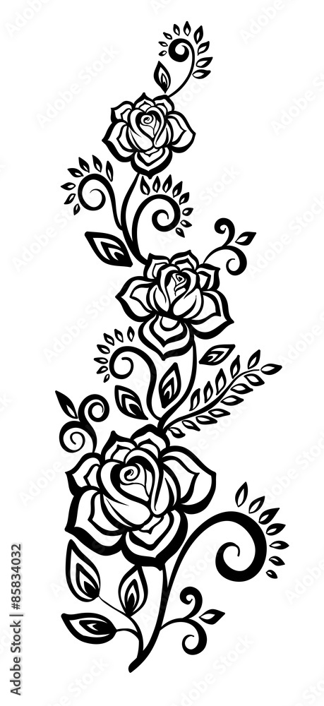 black-and-white flowers and leaves. Floral design element black-and-white flowers and leaves. Floral design element