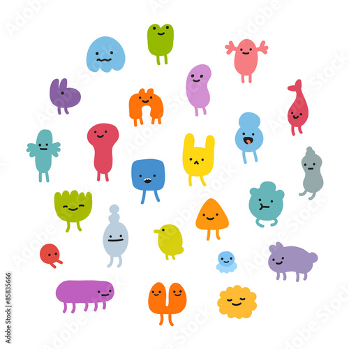 Set of cute little cartoon monsters with different shapes, colors and facial expressions.