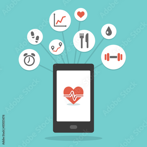Health monitoring smartphone app with various wellness icons. Simple and modern flat vector style.