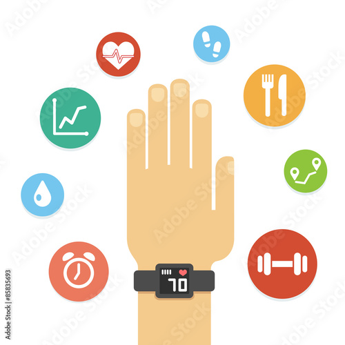 Fitness tracker on hand surrounded with colorful health icons isolated on white background. Simple and modern flat vector style.