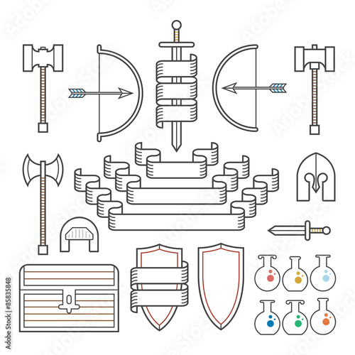 A set of symbols of outlined classic elements found in fantasy and medieval settings, along with banners.