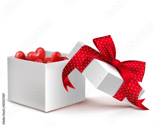 Realistic 3D White Gift Box with Balloon Hearts Inside Wrap in Red Ribbon