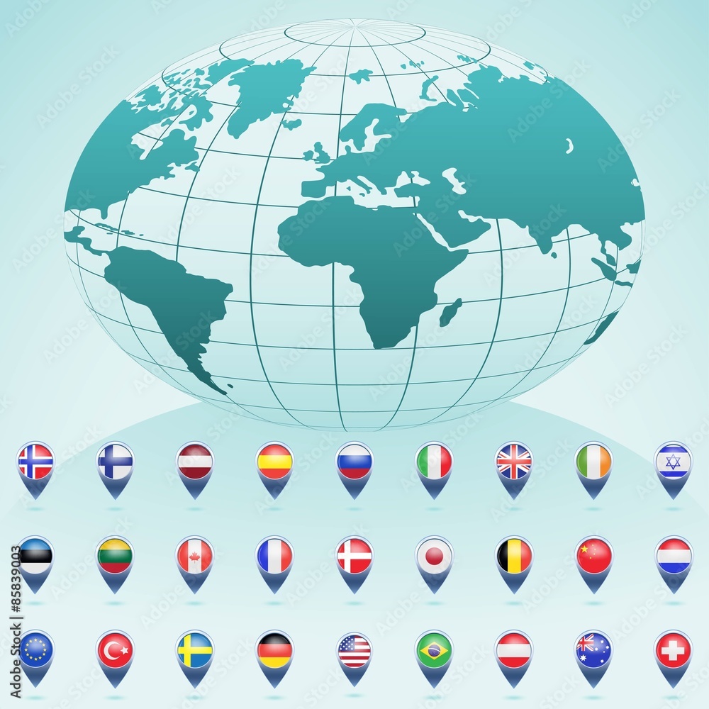 World globe with flags of different countries. Vector illustration.