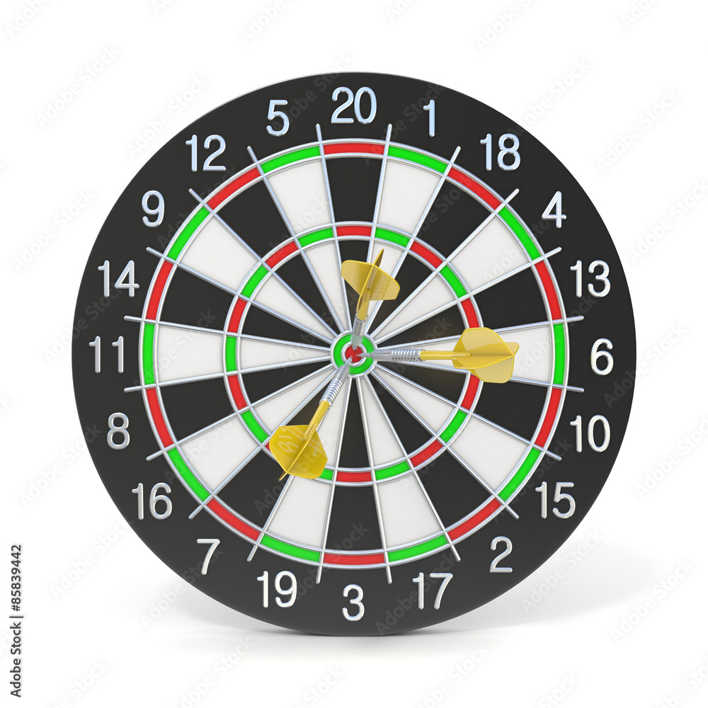 Dartboard with three orange darts on bullseye. Front view Dartboard with three orange darts on bullseye. Front view