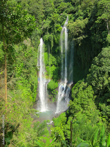 Two big waterfalls with rainbow, Bali, Indonesia