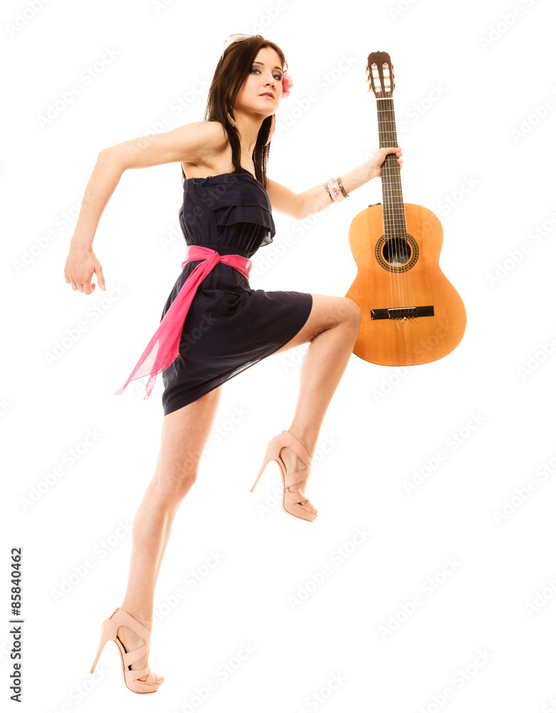 Music lover, summer girl with guitar isolated
