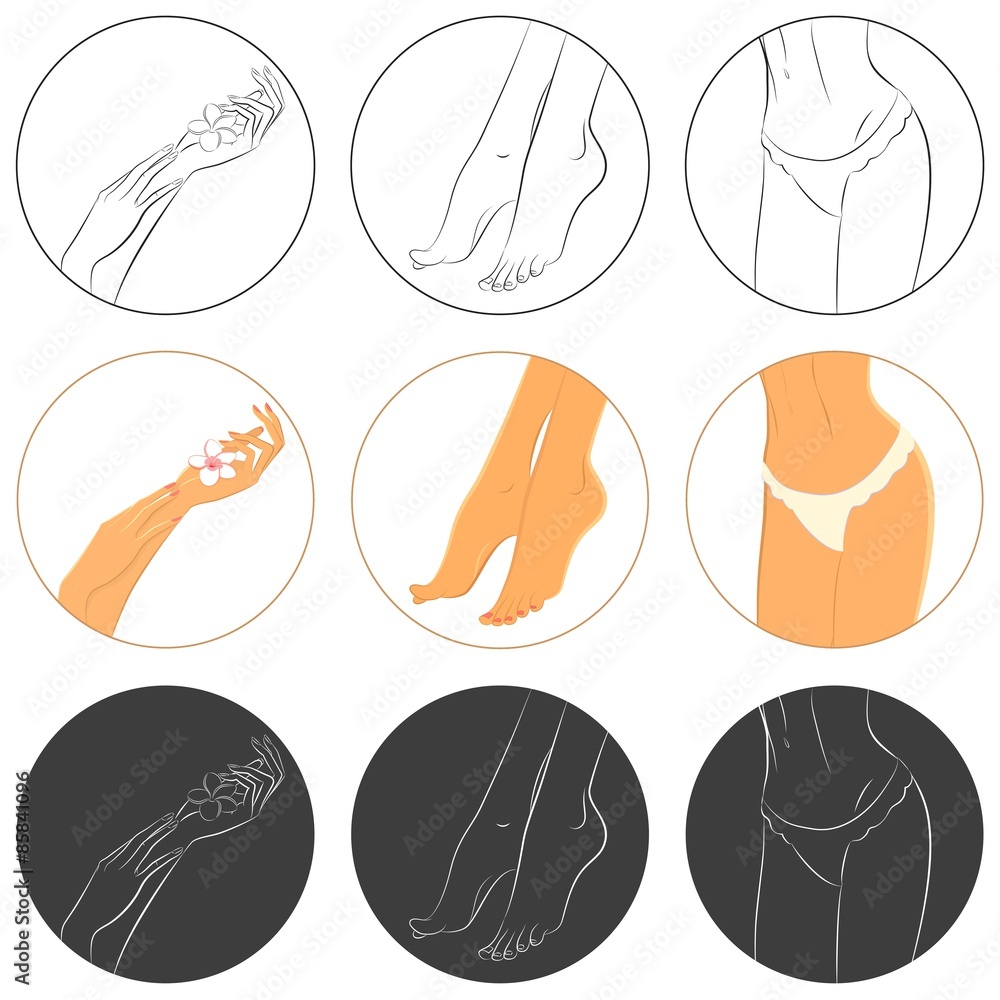 Manicure, pedicure and bodycare concept. Icon set. Manicure, pedicure and bodycare concept. Icon set.