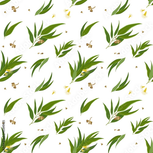 Seamless pattern with eucalyptus leaves, seeds and flowers